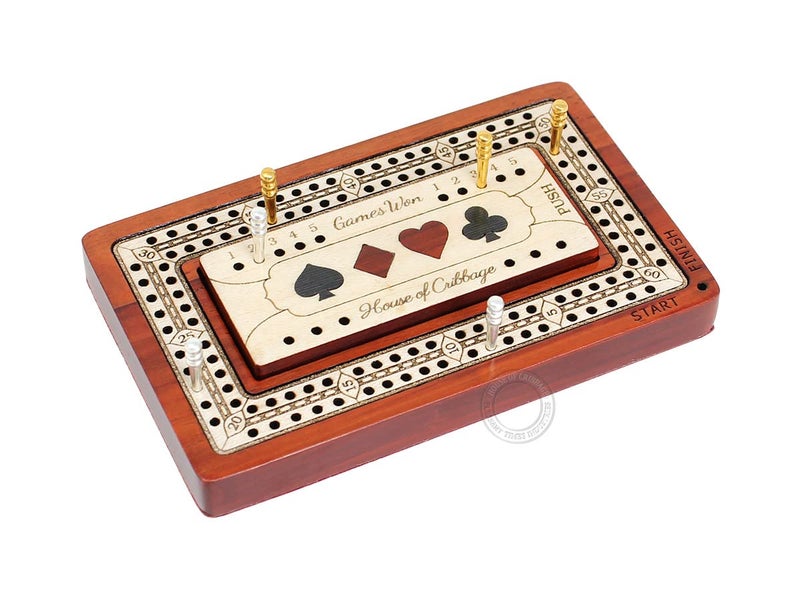 House of Cribbage - 2 Track - Wooden Travel/Pocket Size Cribbage Board - 4 Inch - Inlaid in Bloodwood/Maple Wood with Storage Space for Cribbage Pegs - 60 Points - Non Continuous - Image 2